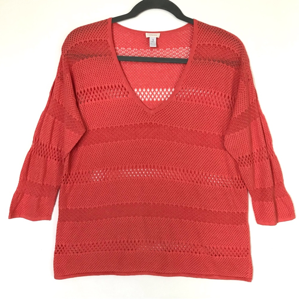 Chico’s Coral Peach Open Knit Lightweight 3/4 Sleeve Sweater